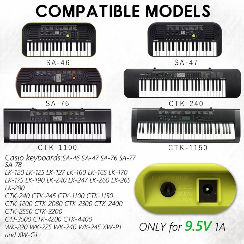 BOEEA سلك طاقة محول AC/DC بجهد 9.5 فولت لبيانو كاسيو لوحة المفاتيح LK-135 WK-225 CTK-2500 CTK-2400 CTK-2550 CTK-1100 WK-220 LK-165 CTK-2090 SA-76 SA-46 شاحن لوحة المفاتيح بديل - غير مناسب لـ 9 فولت - Image 4